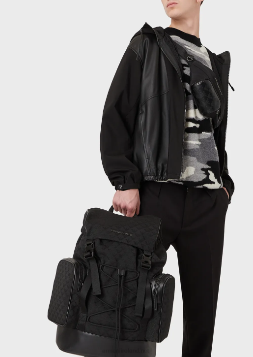 Men 086V1958 Nylon Hiking Backpack With All-Over Jacquard Eagle Armani Black