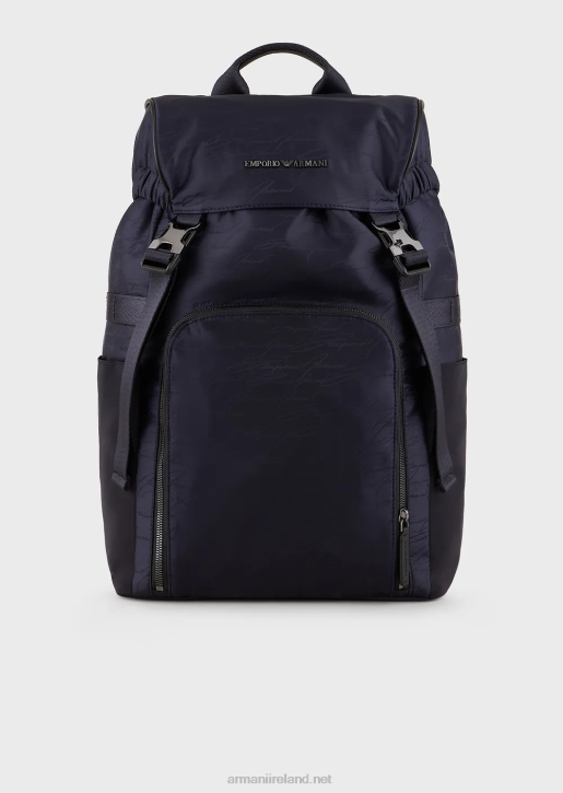 Men 086V1960 Jacquard Nylon Backpack With Signature Logo Armani Navy Blue