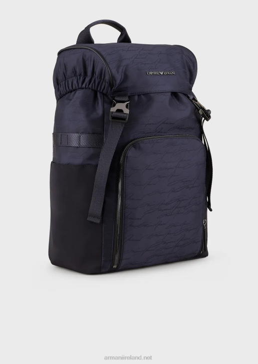 Men 086V1960 Jacquard Nylon Backpack With Signature Logo Armani Navy Blue