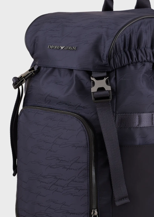 Men 086V1960 Jacquard Nylon Backpack With Signature Logo Armani Navy Blue