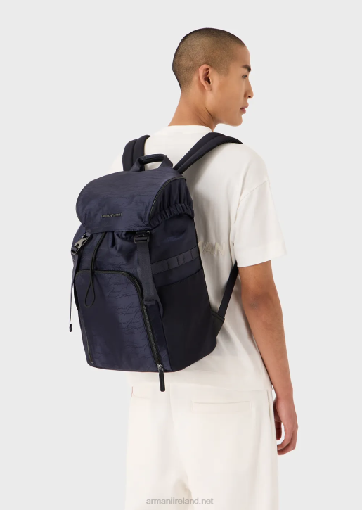 Men 086V1960 Jacquard Nylon Backpack With Signature Logo Armani Navy Blue