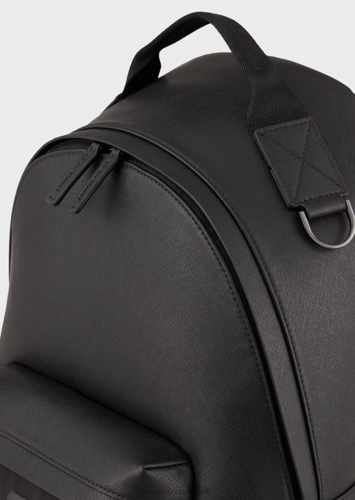 Men 086V1964 Saffiano-Print, Regenerated-Leather Round Backpack Armani