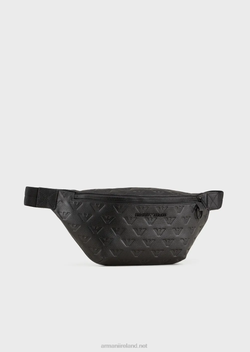 Men 086V1970 Leather Belt Bag With All-Over Embossed Eagle Armani Black