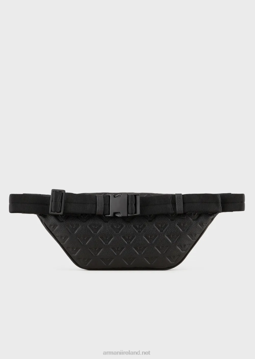 Men 086V1970 Leather Belt Bag With All-Over Embossed Eagle Armani Black
