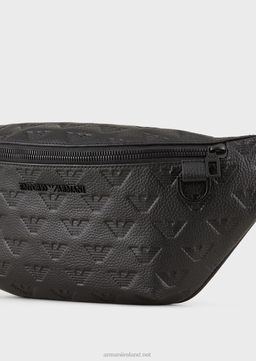 Men 086V1970 Leather Belt Bag With All-Over Embossed Eagle Armani Black