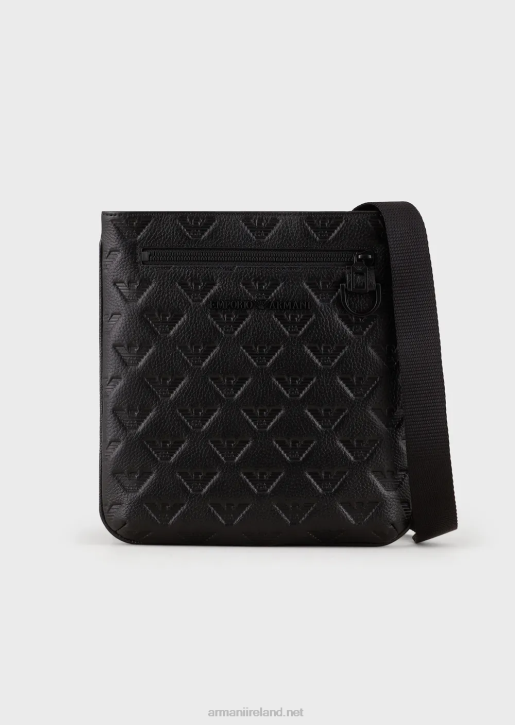 Men 086V1976 Flat Leather Shoulder Bag With All-Over Embossed Eagle Armani Black