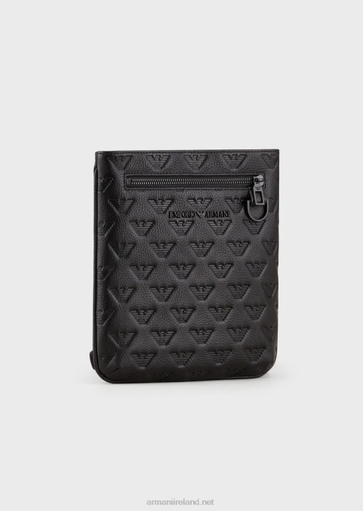 Men 086V1976 Flat Leather Shoulder Bag With All-Over Embossed Eagle Armani Black
