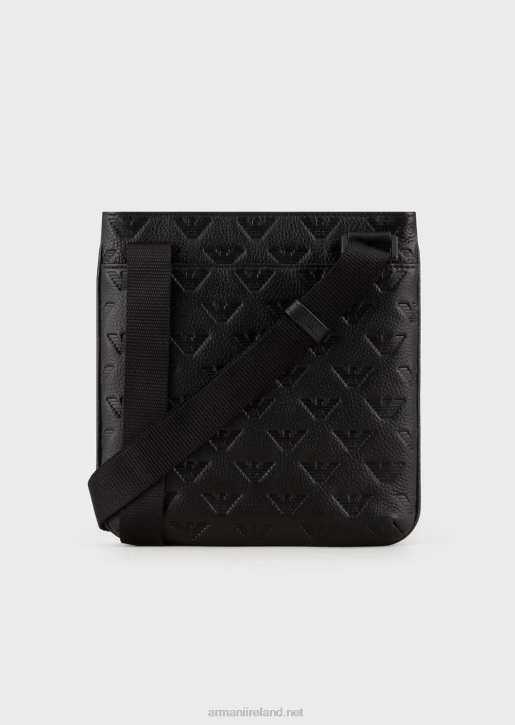 Men 086V1976 Flat Leather Shoulder Bag With All-Over Embossed Eagle Armani Black
