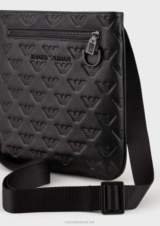 Men 086V1976 Flat Leather Shoulder Bag With All-Over Embossed Eagle Armani Black