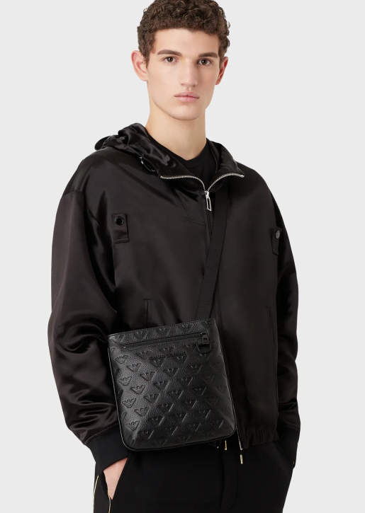 Men 086V1976 Flat Leather Shoulder Bag With All-Over Embossed Eagle Armani Black