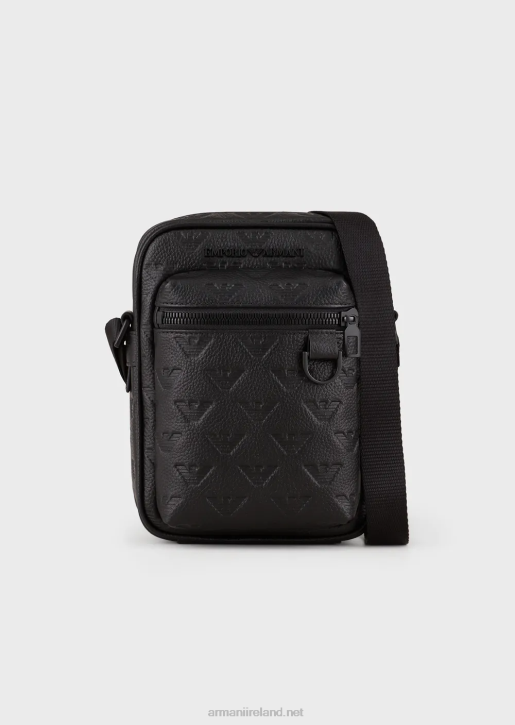 Men 086V1977 Leather Crossbody Bag With All-Over Embossed Eagle Armani Black