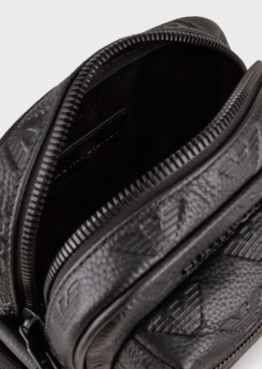 Men 086V1977 Leather Crossbody Bag With All-Over Embossed Eagle Armani Black