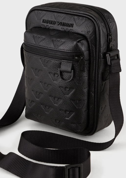Men 086V1977 Leather Crossbody Bag With All-Over Embossed Eagle Armani Black