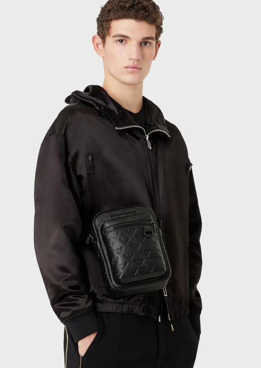 Men 086V1977 Leather Crossbody Bag With All-Over Embossed Eagle Armani Black