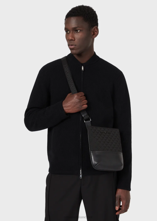 Men 086V1980 Flat Nylon Shoulder Bag With All-Over Jacquard Eagle Armani Black