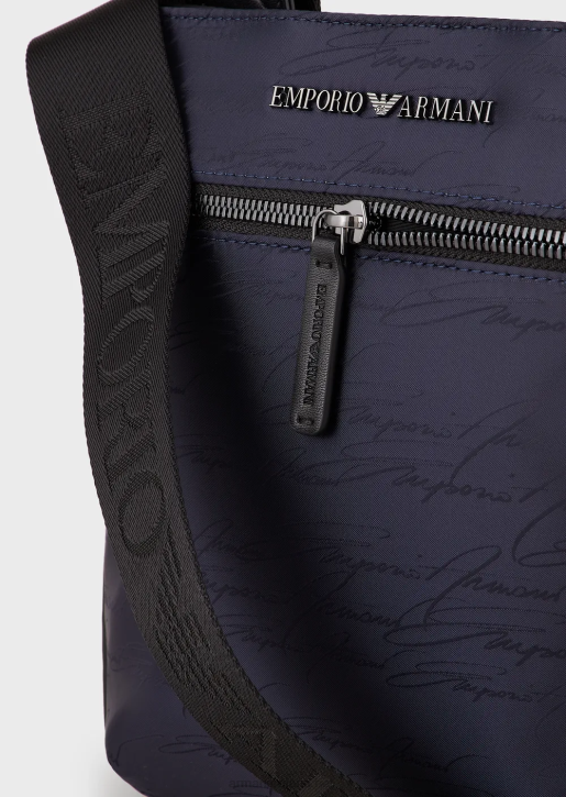 Men 086V1982 Flat Jacquard Nylon Shoulder Bag With Signature Logo Armani