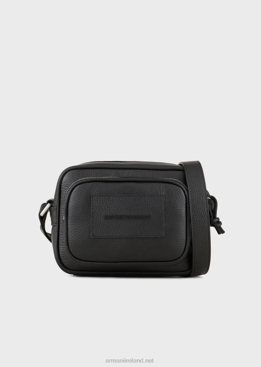 Men 086V1984 Tumbled-Leather Camera Case With Shoulder Strap Armani Black
