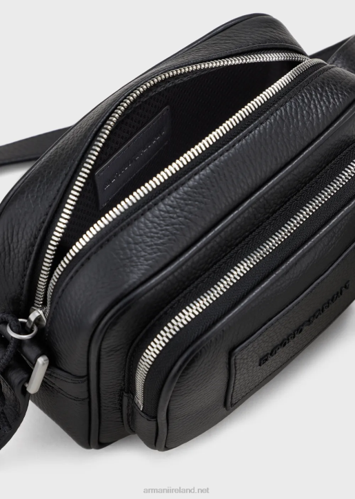 Men 086V1984 Tumbled-Leather Camera Case With Shoulder Strap Armani Black