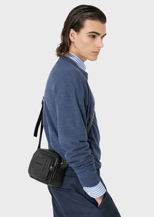 Men 086V1984 Tumbled-Leather Camera Case With Shoulder Strap Armani Black