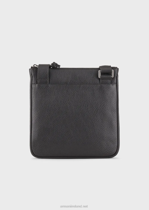 Men 086V1986 Flat, Tumbled Leather Shoulder Bag Armani Dark Gray