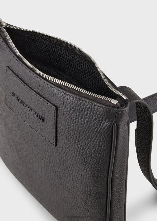 Men 086V1986 Flat, Tumbled Leather Shoulder Bag Armani Dark Gray