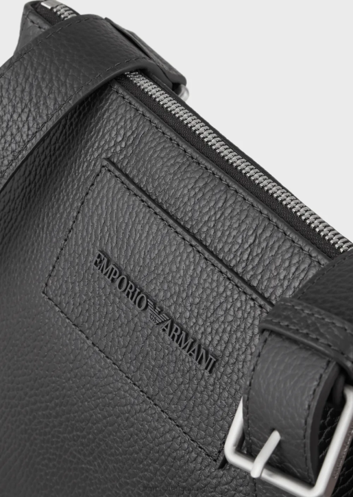 Men 086V1986 Flat, Tumbled Leather Shoulder Bag Armani Dark Gray