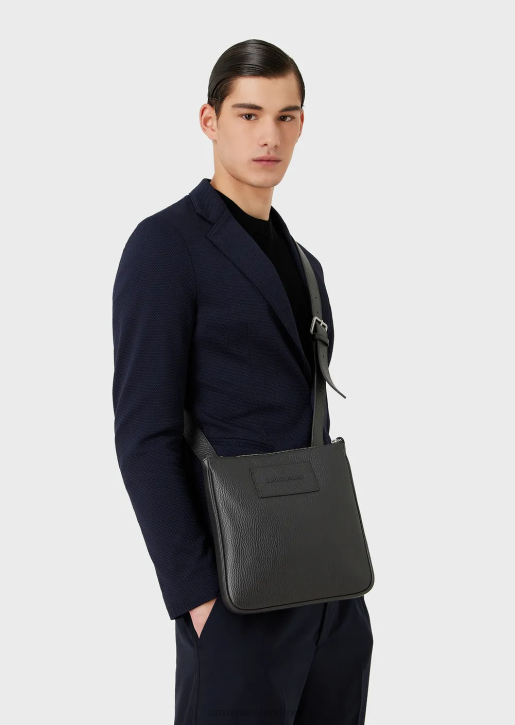 Men 086V1986 Flat, Tumbled Leather Shoulder Bag Armani Dark Gray