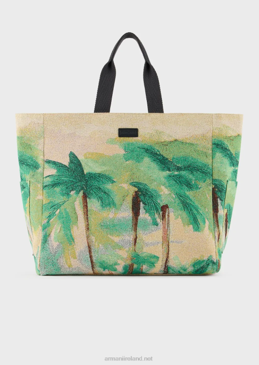 Men 086V1989 Reversible Nylon Palm Print Shopper Bag Armani