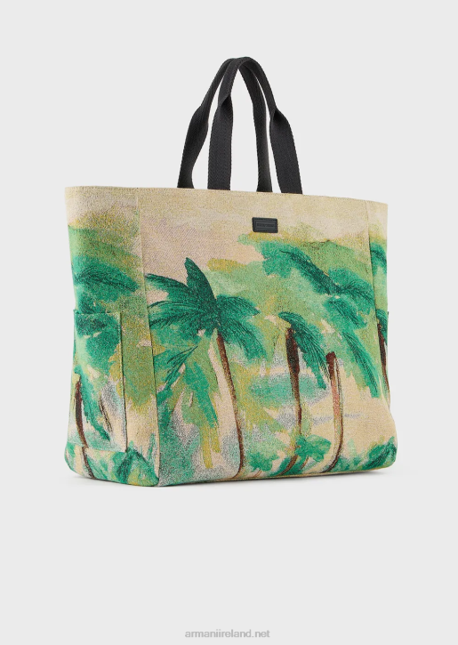 Men 086V1989 Reversible Nylon Palm Print Shopper Bag Armani