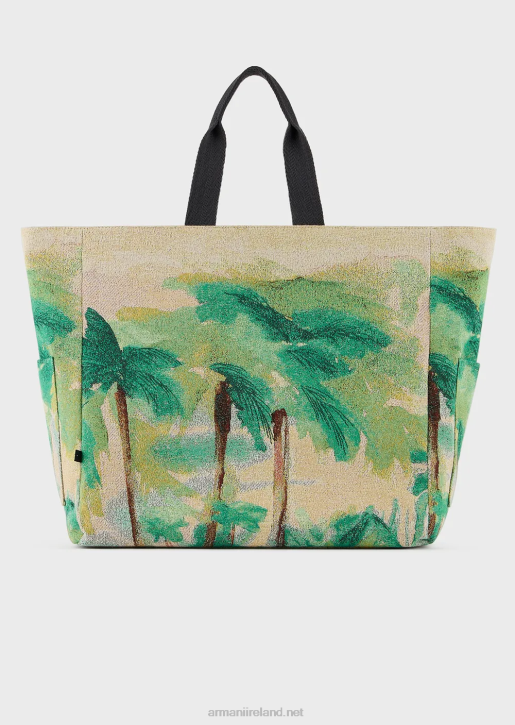 Men 086V1989 Reversible Nylon Palm Print Shopper Bag Armani