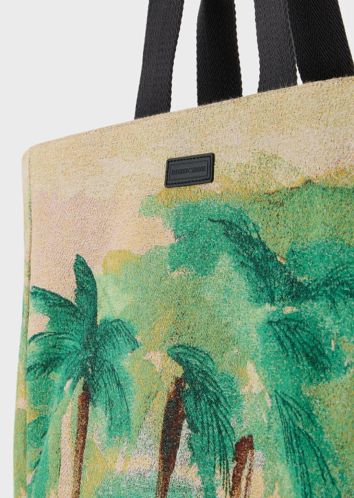 Men 086V1989 Reversible Nylon Palm Print Shopper Bag Armani