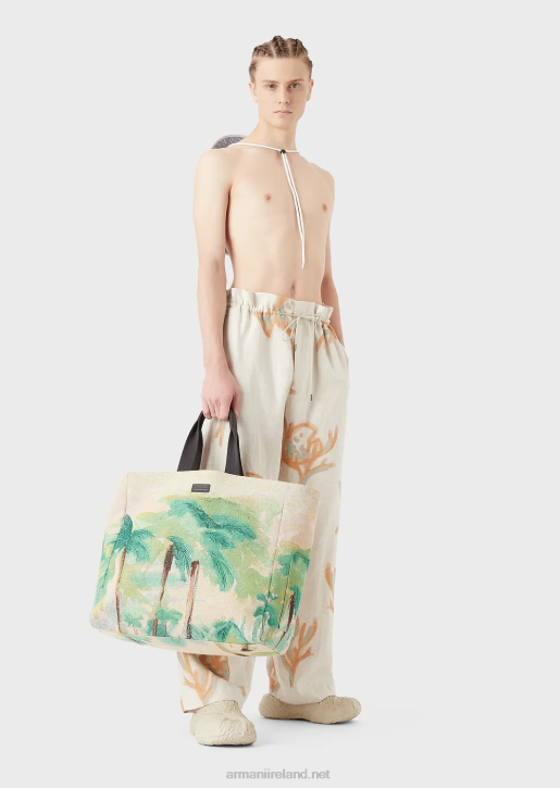 Men 086V1989 Reversible Nylon Palm Print Shopper Bag Armani