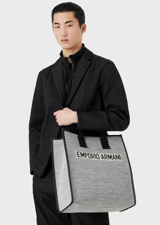 Men 086V1991 Melange Knit Shopper Bag With Jacquard Logo Armani Black