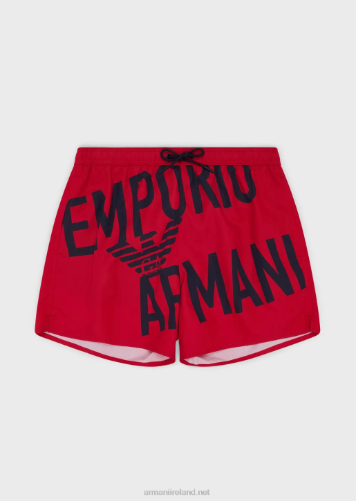Men 086V1000 Recycled Fabric Swim Trunks With Drawstring And Bold Logo Armani Red