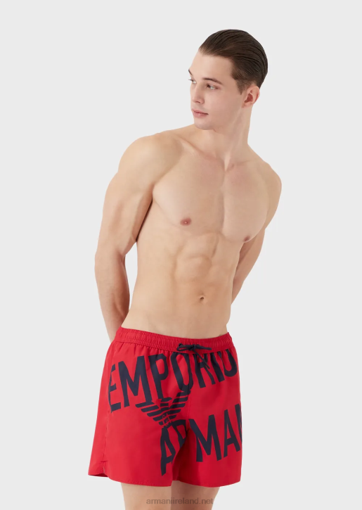 Men 086V1000 Recycled Fabric Swim Trunks With Drawstring And Bold Logo Armani Red