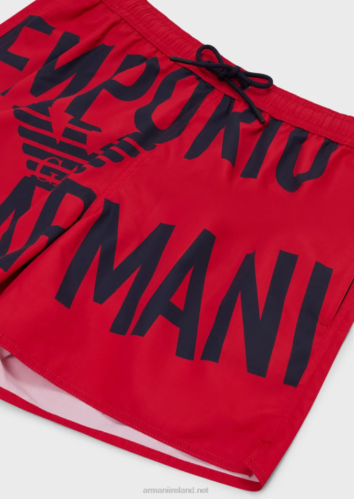 Men 086V1000 Recycled Fabric Swim Trunks With Drawstring And Bold Logo Armani Red