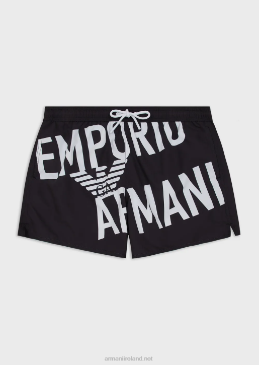 Men 086V1001 Recycled Fabric Swim Trunks With Drawstring And Bold Logo Armani Black Logo