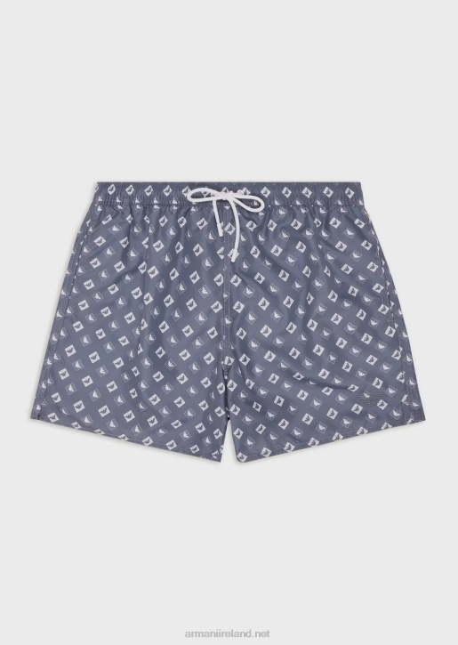 Men 086V985 Swim Trunks With Drawstring And Microcheck Pattern With Eagle Armani Azure