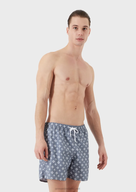 Men 086V985 Swim Trunks With Drawstring And Microcheck Pattern With Eagle Armani Azure