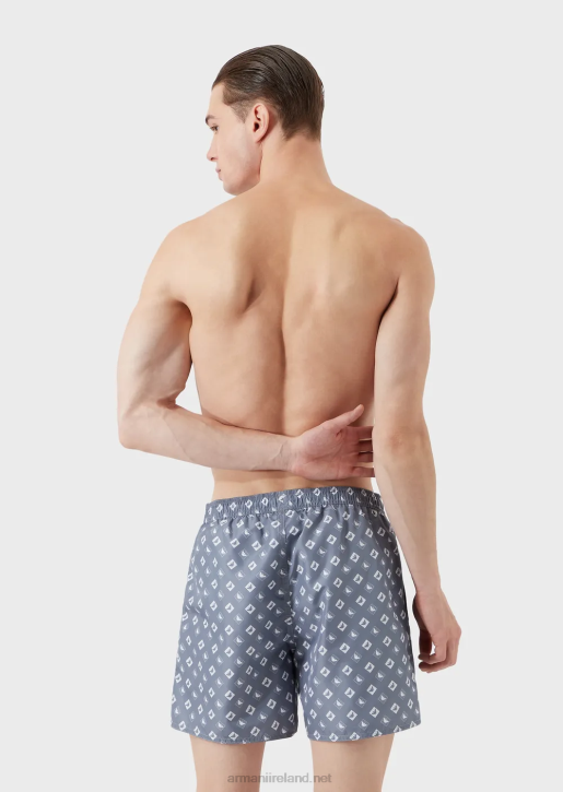 Men 086V985 Swim Trunks With Drawstring And Microcheck Pattern With Eagle Armani Azure