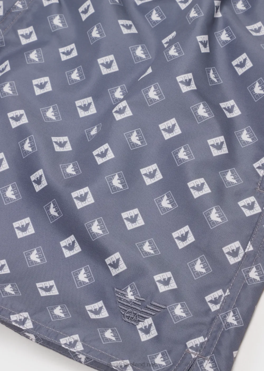 Men 086V985 Swim Trunks With Drawstring And Microcheck Pattern With Eagle Armani Azure
