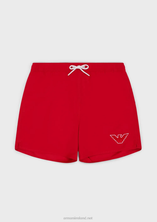 Men 086V993 Terrycloth Swim Trunks With Drawstring And Eagle Patch Armani Red