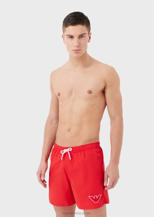 Men 086V993 Terrycloth Swim Trunks With Drawstring And Eagle Patch Armani Red