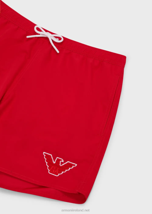 Men 086V993 Terrycloth Swim Trunks With Drawstring And Eagle Patch Armani Red