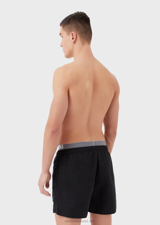 Men 086V995 Recycled Fabric Swim Trunks With Drawstring And Logo Waistband Armani Black