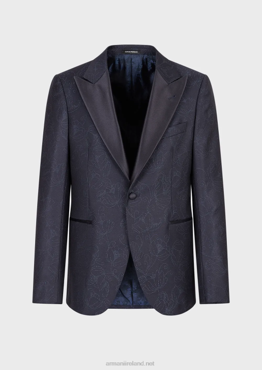 Men 086V1018 Slim-Fit Tuxedo Jacket In A Floral Jacquard Wool Blend With Satin Lapels Armani Navy Blue
