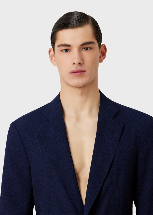 Men 086V1019 Printed Technical Seersucker Single-Breasted Jacket Armani Midnight Blue