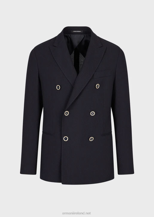 Men 086V1024 Double-Breasted Jacket In Stretch Wool Crepe With 3D Effect Armani Navy Blue