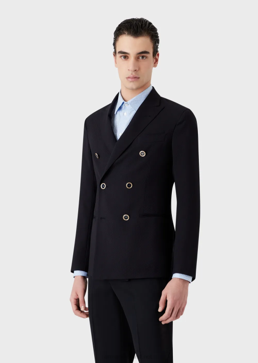 Men 086V1024 Double-Breasted Jacket In Stretch Wool Crepe With 3D Effect Armani Navy Blue