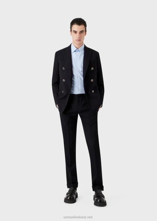 Men 086V1024 Double-Breasted Jacket In Stretch Wool Crepe With 3D Effect Armani Navy Blue